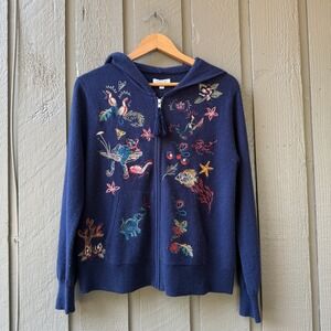 Johnny Was Zoe Hoodie Full-Zip Womens Embroidered Cashmere Medium Navy Blue